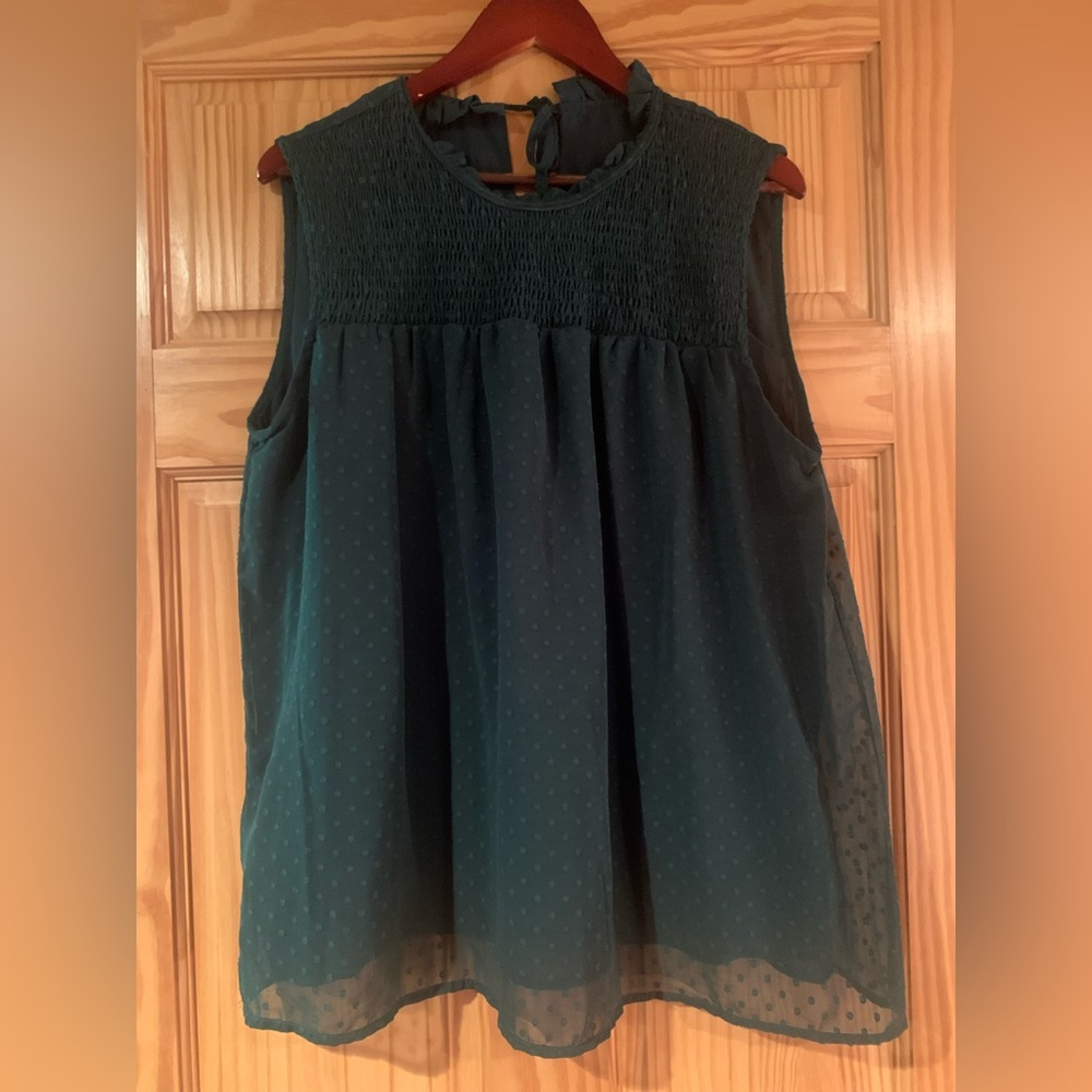 Green Sleeveless Smocked Yoke Blouse